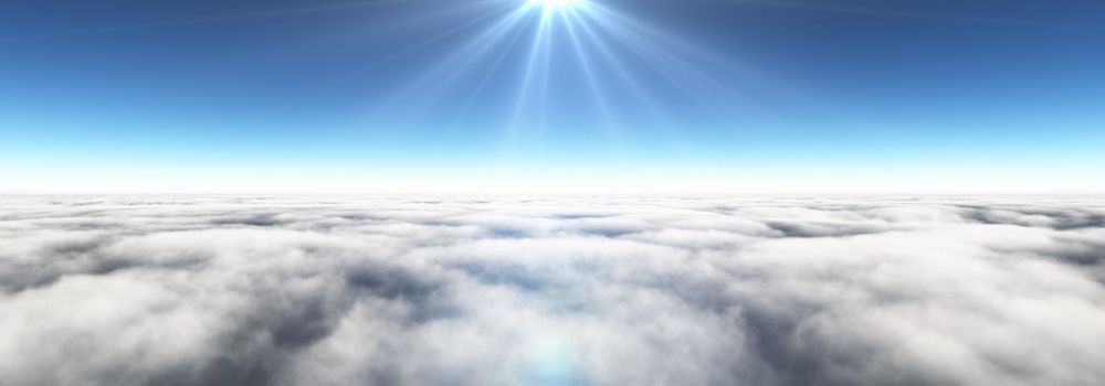 Above clouds sun ray, 3d rendering illustration