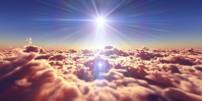 fly above clouds sunset landscape, 3d render illustration