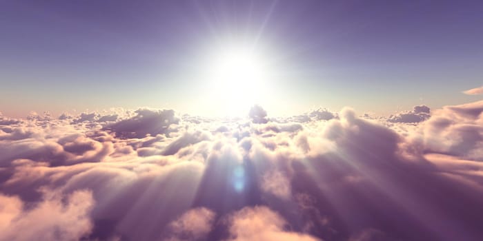 fly above clouds sunset landscape, 3d render illustration
