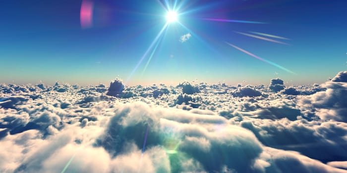 fly above clouds sunset landscape, 3d render illustration