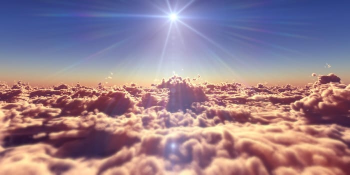 fly above clouds sunset landscape, 3d render illustration