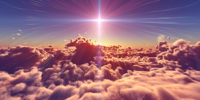 fly above clouds sunset landscape, 3d render illustration