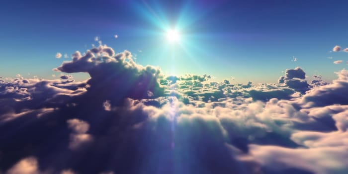 fly above clouds sunset landscape, 3d render illustration