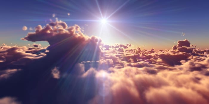 fly above clouds sunset landscape, 3d render illustration