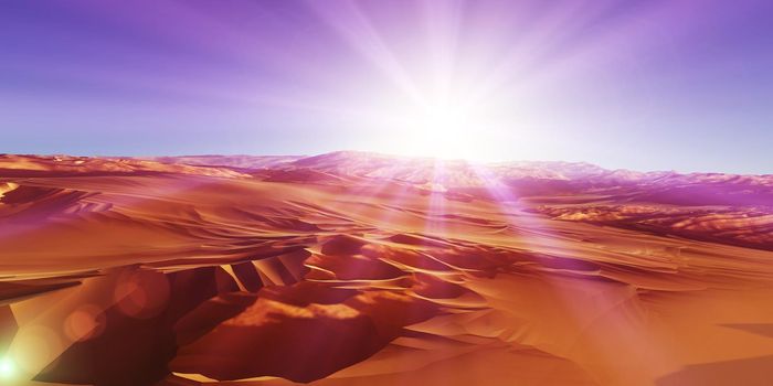 Dunes sunset over the desert. 3d rendering illustration