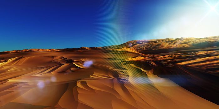 Dunes sunset over the desert. 3d rendering illustration