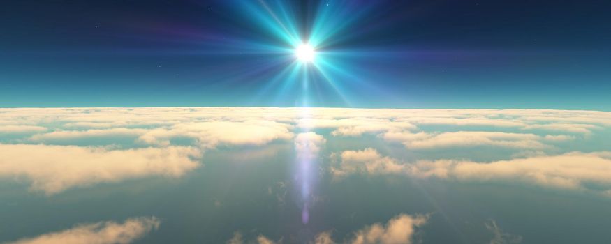 fly above clouds sunset landscape. 3d render illustration