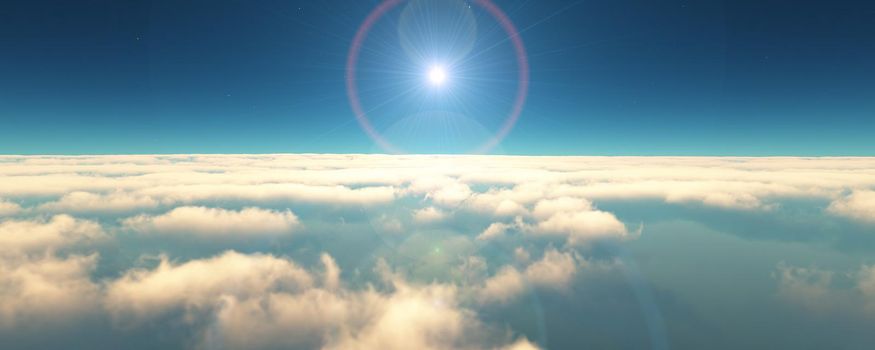 fly above clouds sunset landscape. 3d render illustration