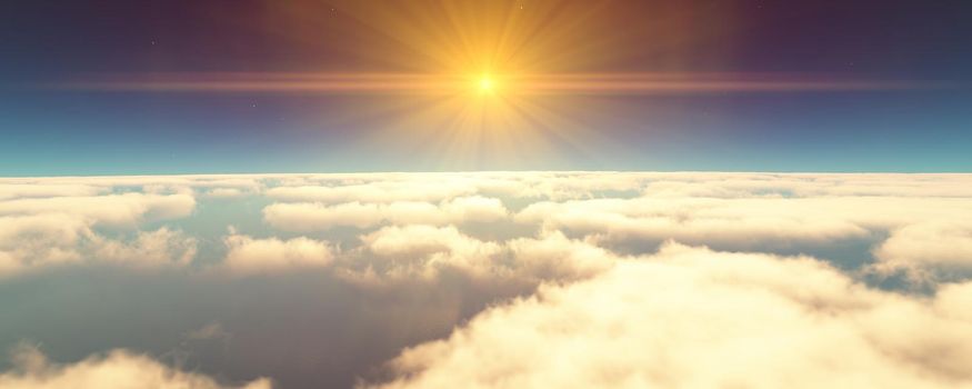 fly above clouds sunset landscape. 3d render illustration