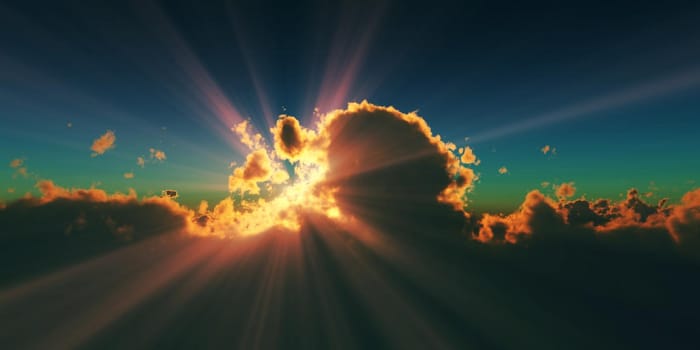 above clouds sun ray sunset. 3d render illustration