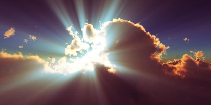 above clouds sun ray sunset. 3d render illustration