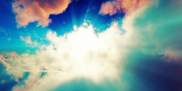 above clouds sun ray sunset. 3d render illustration