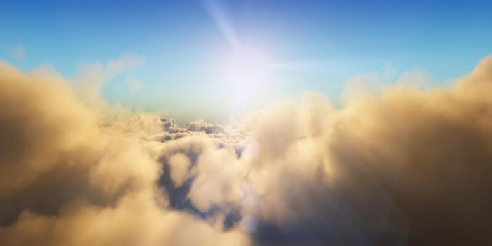 Beautiful aerial view above clouds with sunset. 3d illustration