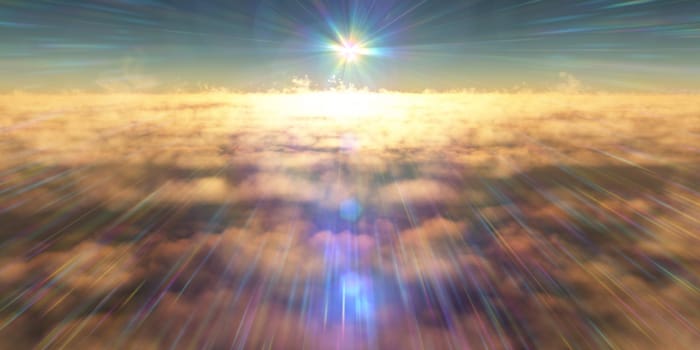 fly above clouds sunset landscape, 3d render illustration