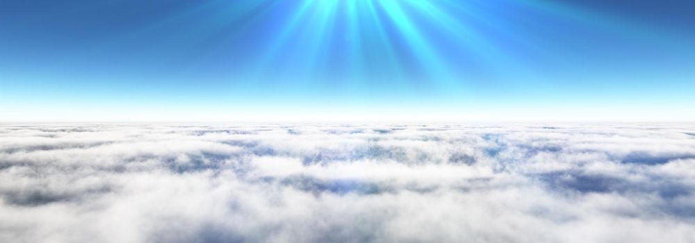 Above clouds sun ray, 3d rendering illustration