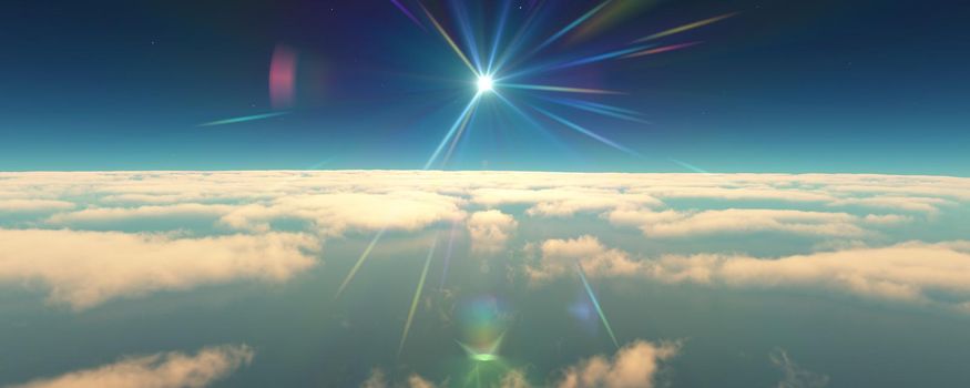 fly above clouds sunset landscape. 3d render illustration