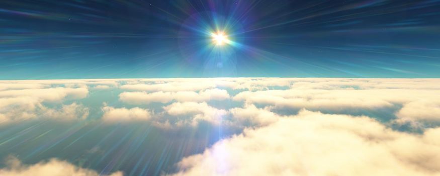 fly above clouds sunset landscape. 3d render illustration