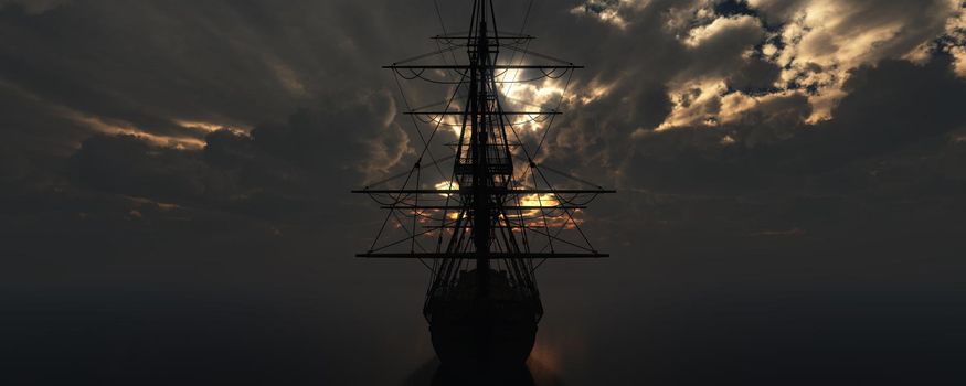 old ship sunset at sea 3d rendering illustration