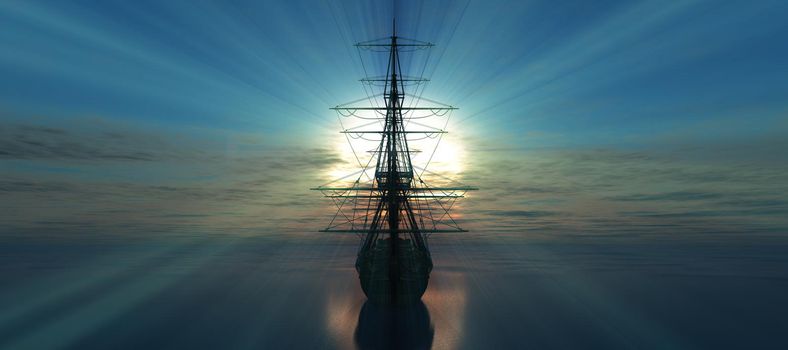 old ship sunset at sea 3d rendering illustration