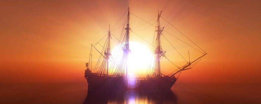 old ship sunset at sea 3d rendering illustration