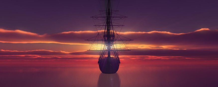 old ship sunset at sea 3d rendering illustration