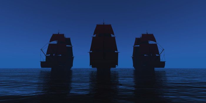 old three ships at night 3d rendering illustration