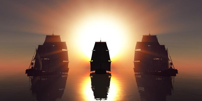 old three ships sunset at sea, 3d rendering illustration