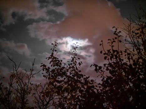 Full moon in night mystic sky with clouds
