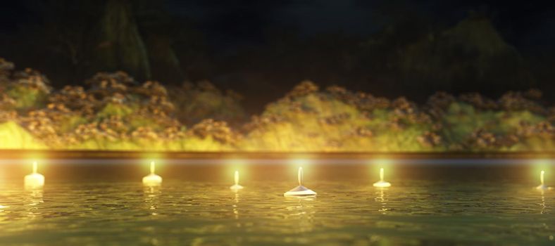 Abstract night background with candles in the water, 3d rendering illustration