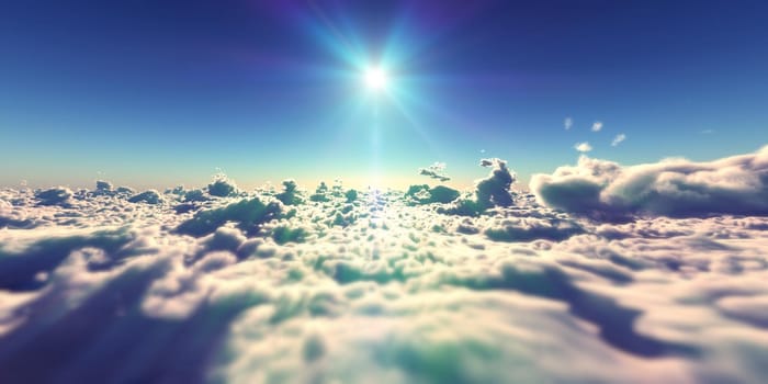 fly above clouds sunset landscape, 3d render illustration