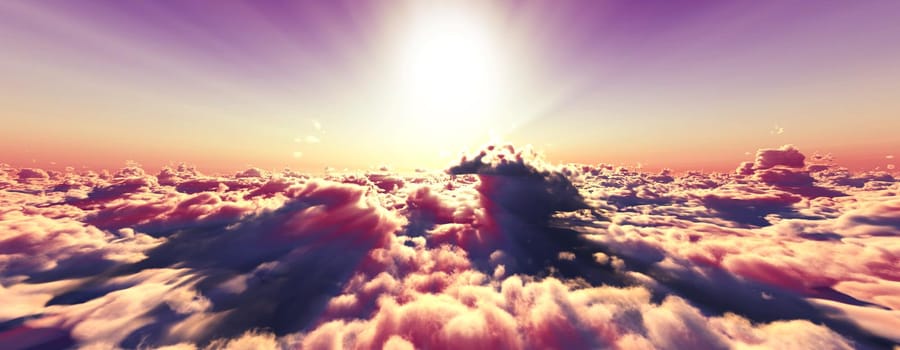 above clouds fly sunset sun ray illustration, 3d render