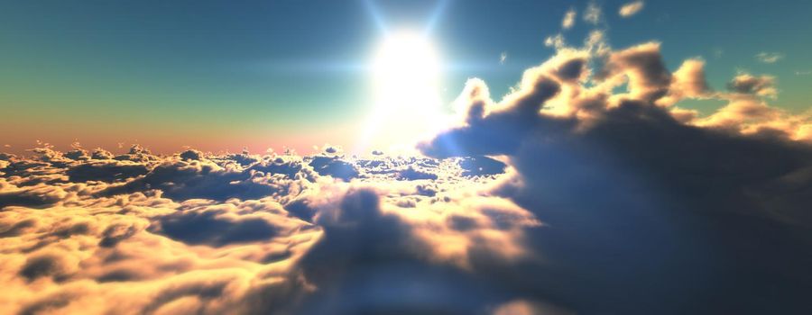 above clouds fly sunset sun ray illustration, 3d render