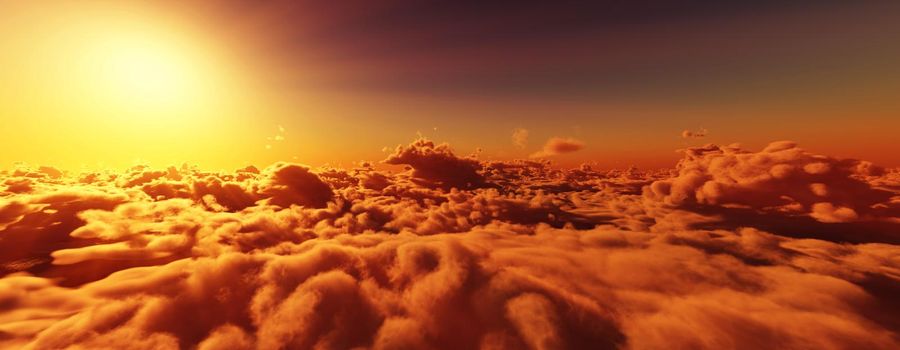 above clouds fly sunset sun ray illustration, 3d render