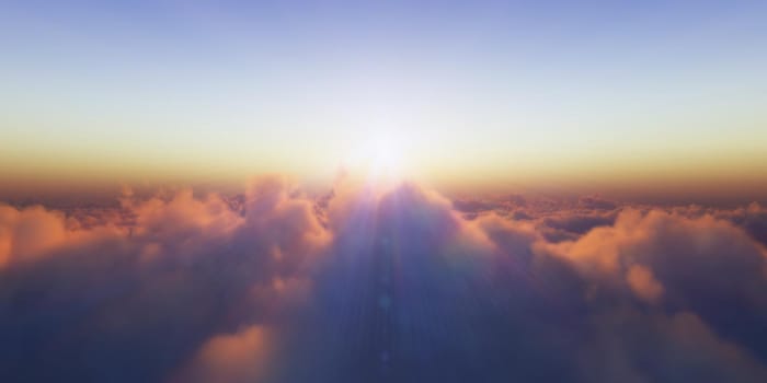Beautiful aerial view above clouds with sunset. 3d illustration