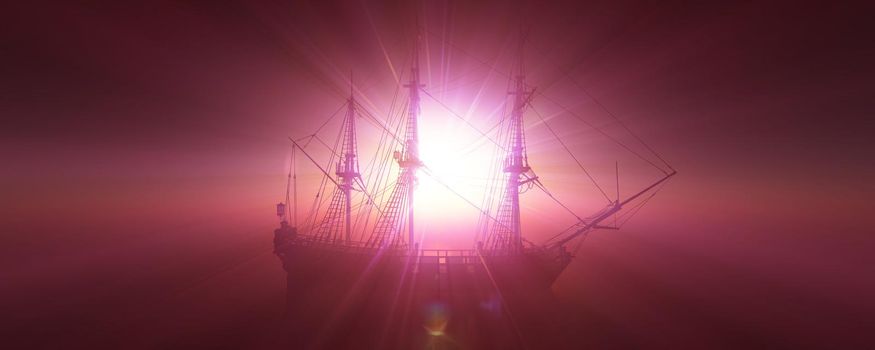 old ship sunset at sea 3d rendering illustration