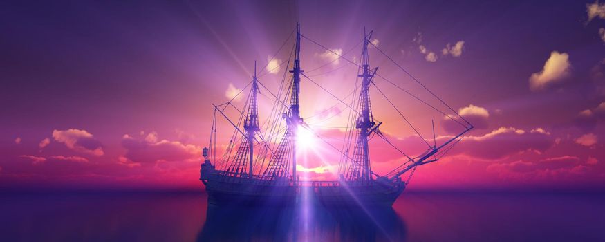 old ship sunset at sea 3d rendering illustration