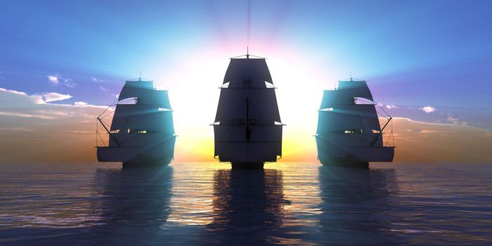 old three ships sunset at sea, 3d rendering illustration