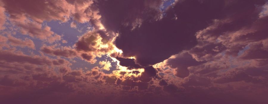 Sunset / sunrise with clouds, light rays and other atmospheric effect, 3d illustration