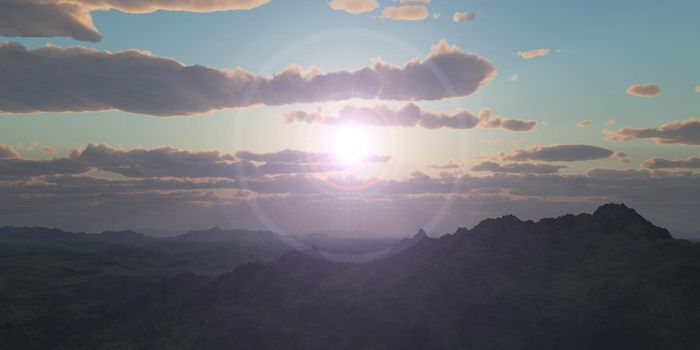 Mountain panorama over the clouds sunset. Computer generated 3D illustration