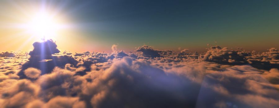 above clouds fly sunset sun ray illustration, 3d render