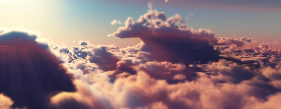 above clouds fly sunset sun ray illustration, 3d render