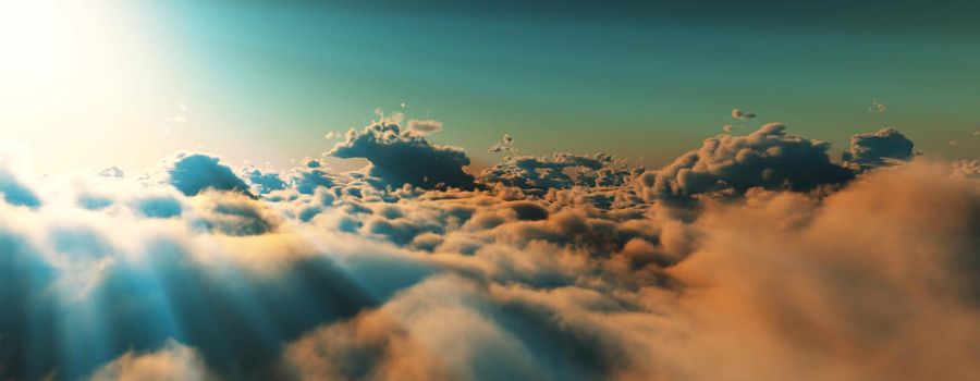 above clouds fly sunset sun ray illustration, 3d render