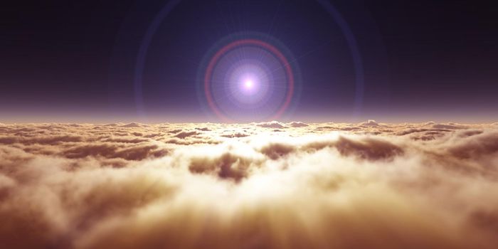 dream fly above clouds ray light, 3d rendering illustration