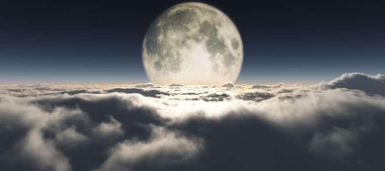 above clouds full moon illustration, 3d rendering