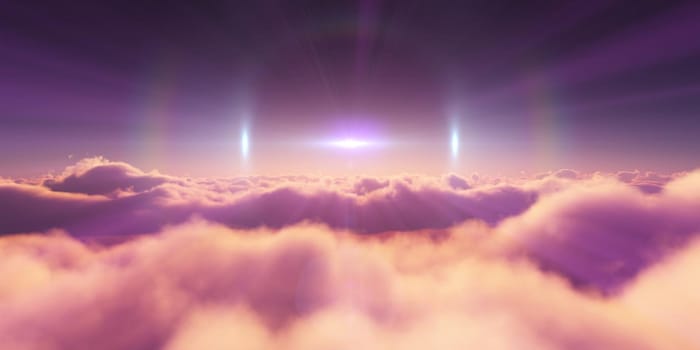 above clouds sunrise sun ray illustration, 3d rendering