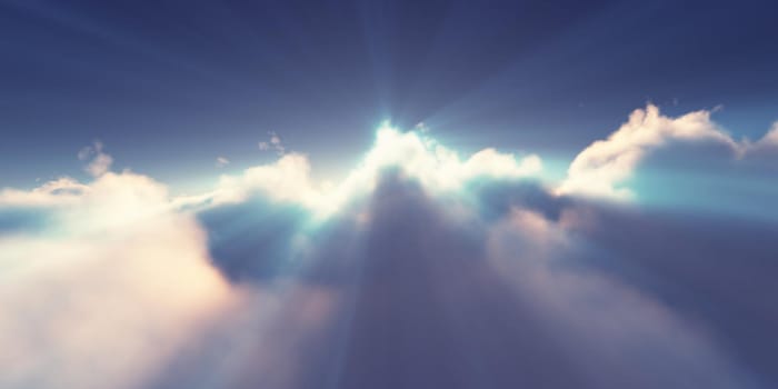 above clouds sunrise sun ray illustration, 3d rendering