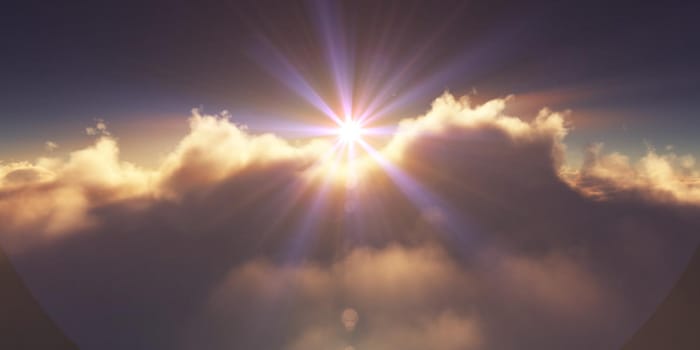 above clouds sunrise sun ray illustration, 3d rendering