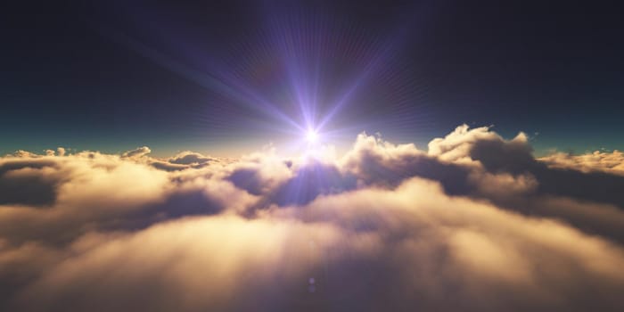 above clouds sunrise sun ray illustration, 3d rendering