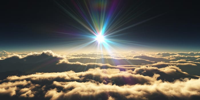 above clouds sunrise sun ray illustration, 3d rendering