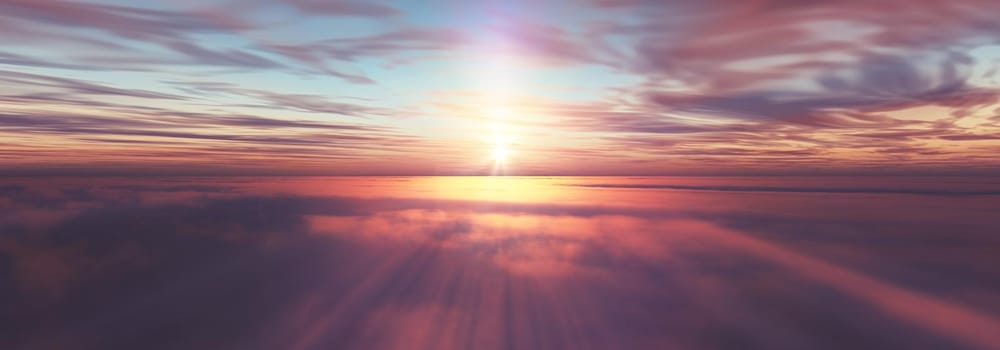 fly above clouds sunset landscape, 3d render illustration